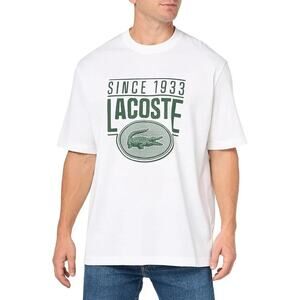 Lacoste Mens Loose Fit Front Large Croc Graphic Tee Shirt, White, Size XL New
